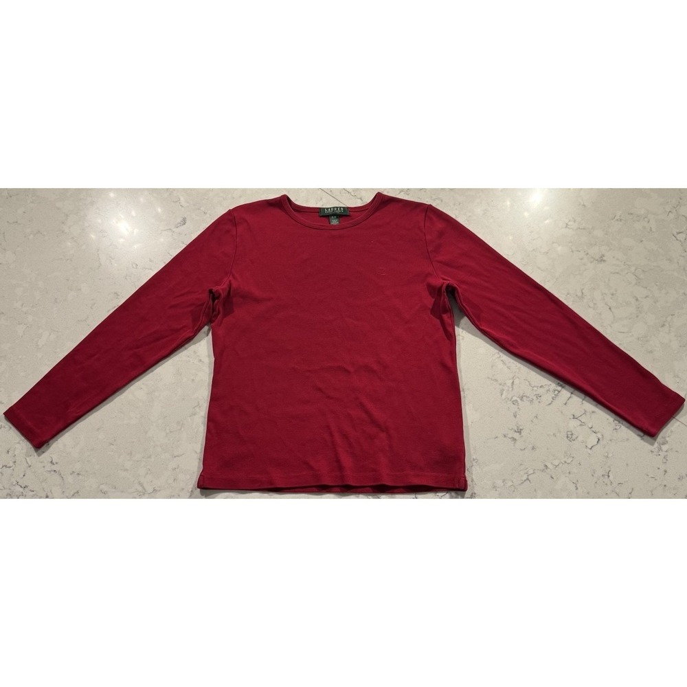 Lauren Ralph Lauren Womens Petite Medium PM Red Cotton Crewneck Long Sleeve Top